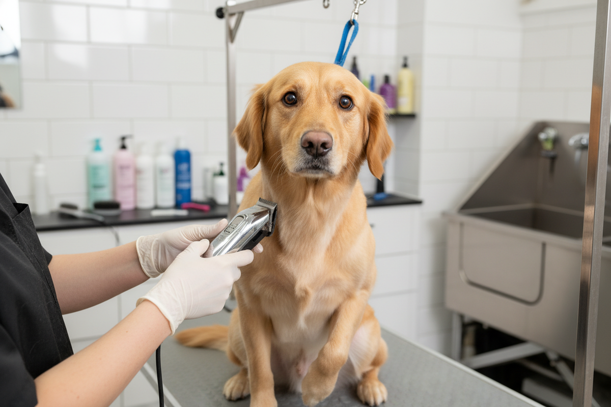 dog getting groomed with clippers looking anxious