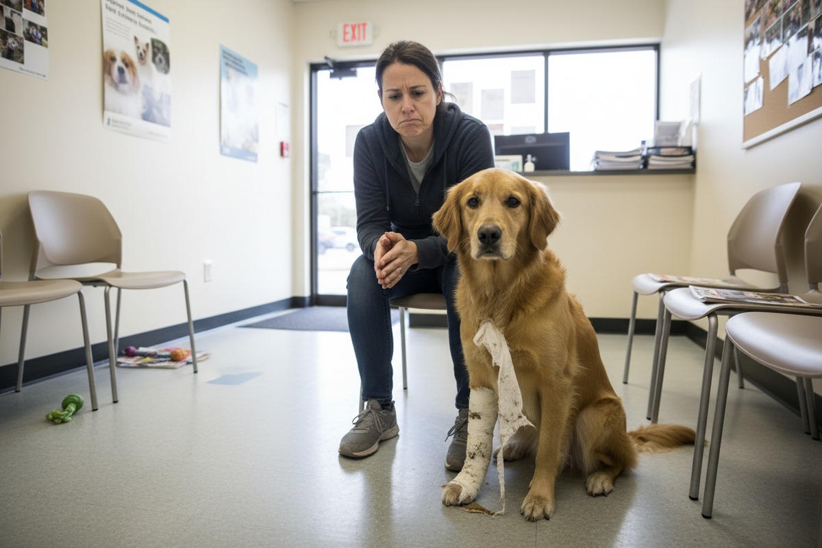 dog owner sitting in veterinary waiting room their dog. The dog is wearing a mangled and dirty bandage on its front paw. the owner looks a bit stressed