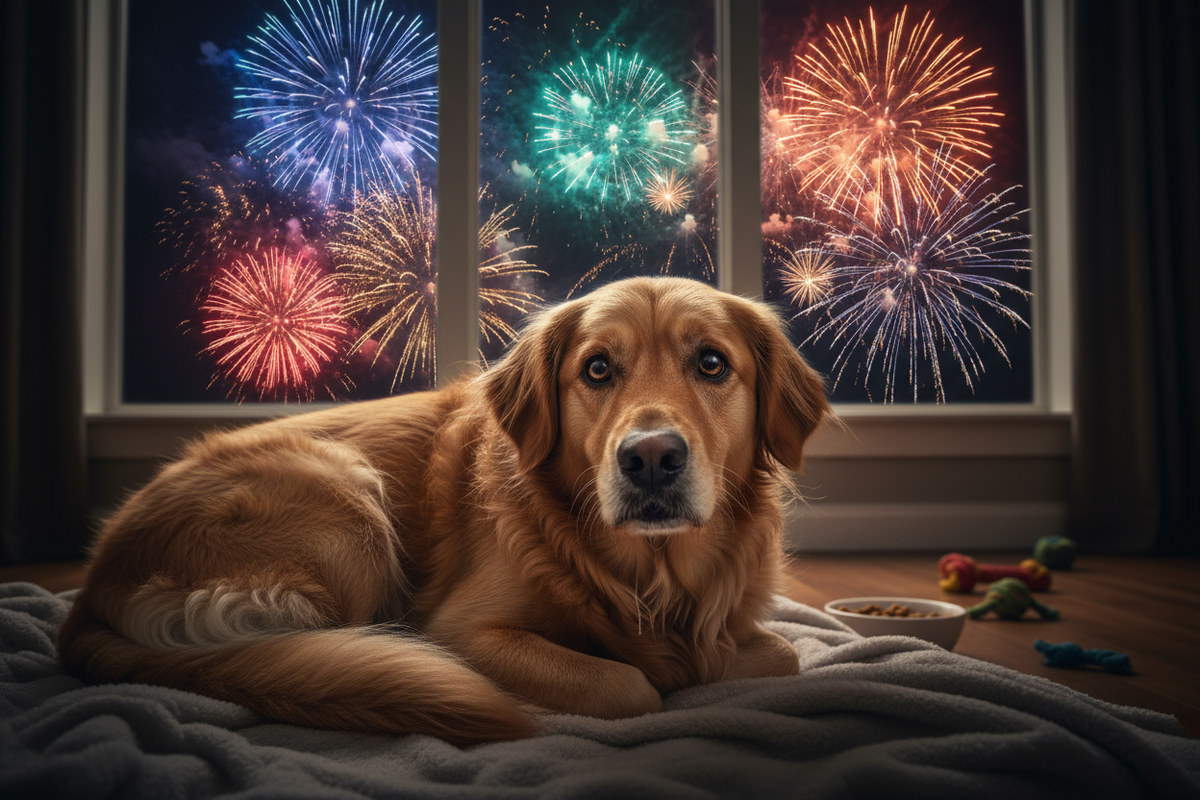 dog trembling with fireworks going off in background