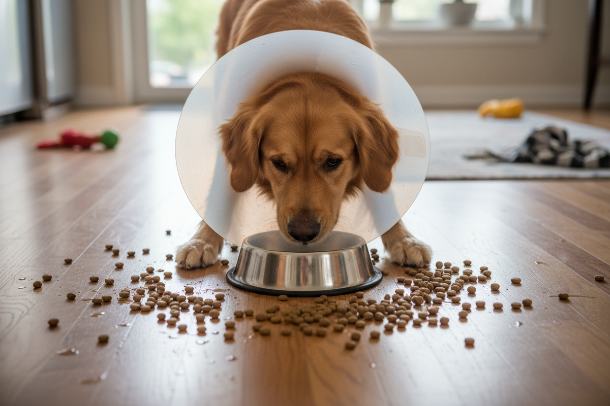 dog trying to eat while wearing a cone of shame and spilling food all over the place