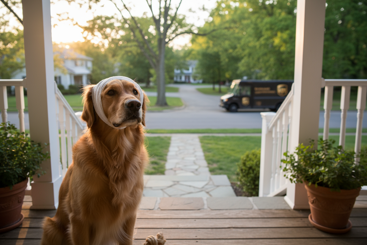 dog waiting on porch for ups man with bandage wrapped around its head