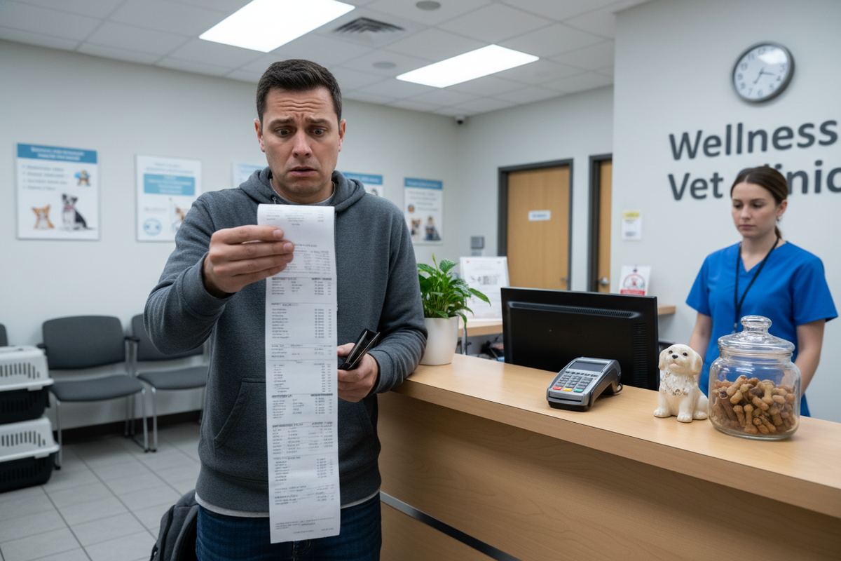 how about someone looking upset paying a bill in a clinic setting