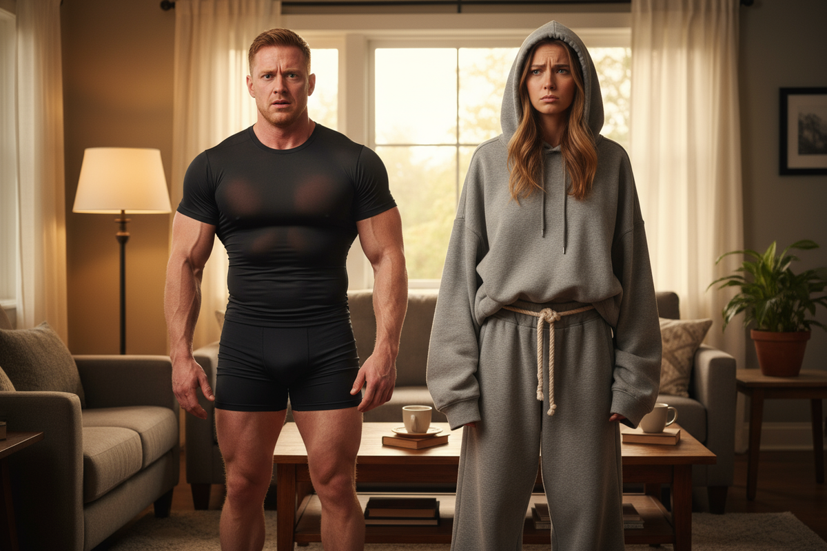 make the clothes tighter on the man and the clothes even bigger on the woman