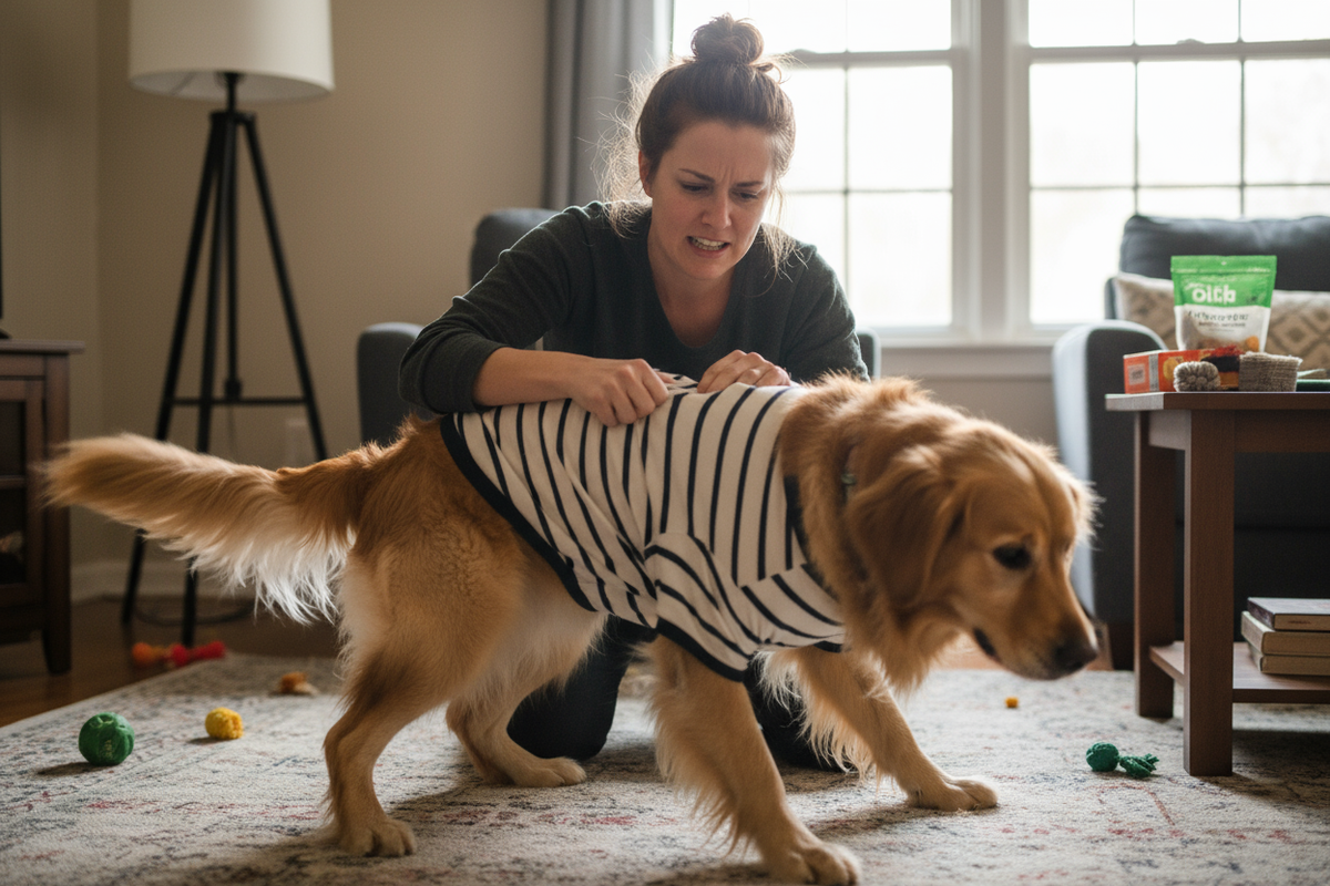 owner struggling to put a shirt on a dog