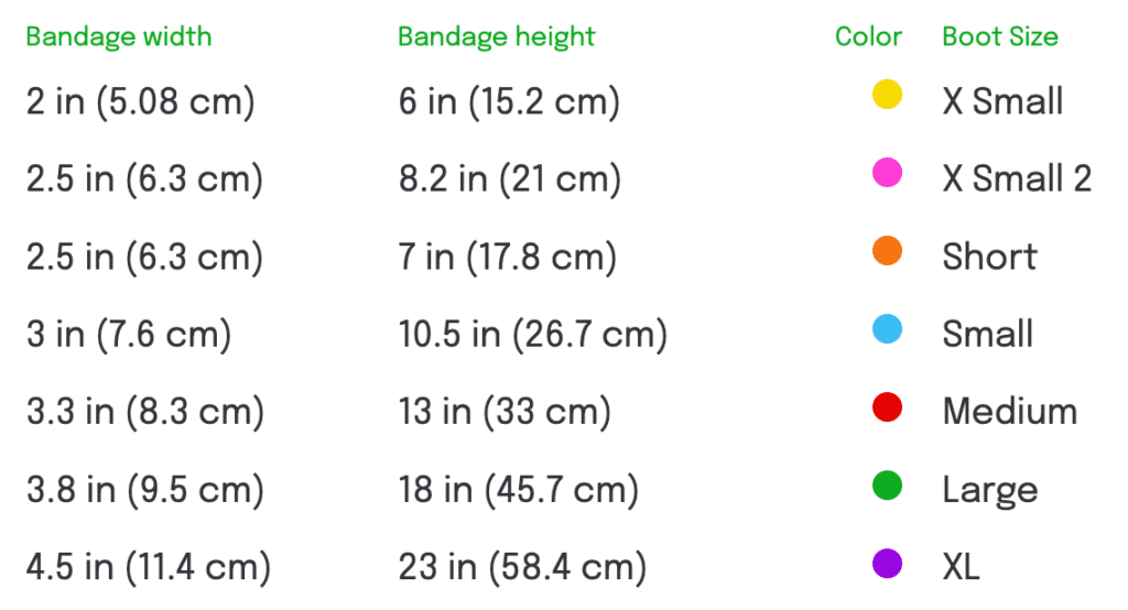 Soft Bandage Boot Sizing Chart